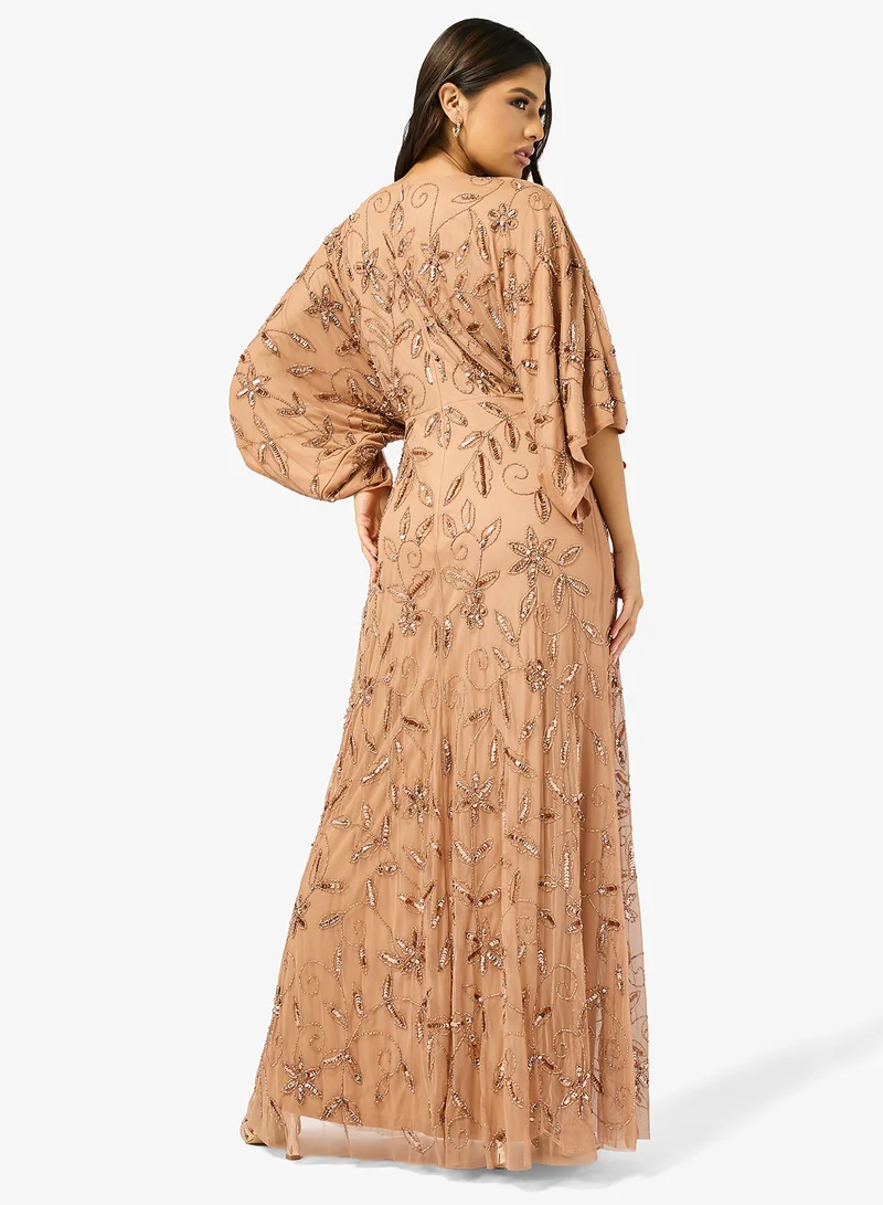 Frock and Frill Embroidered Cape Sleeve Maxi Dress